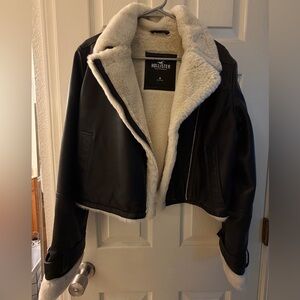 Hollister Women's Leather Jacket with Cream Fleece